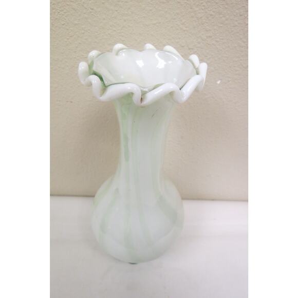 Vintage Light Green Frosted Glass Vase With Ruffled Rim And Scalloped Edge 12" - Picture 2 of 4